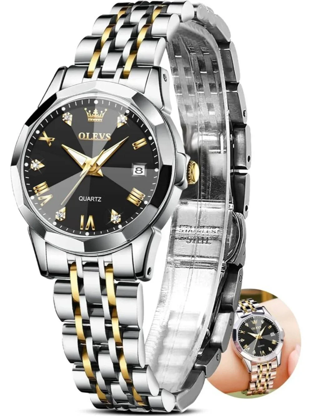 Womens Black Dial Diamond Silver Stainless Steel Waterproof Elegant Luxury Watch